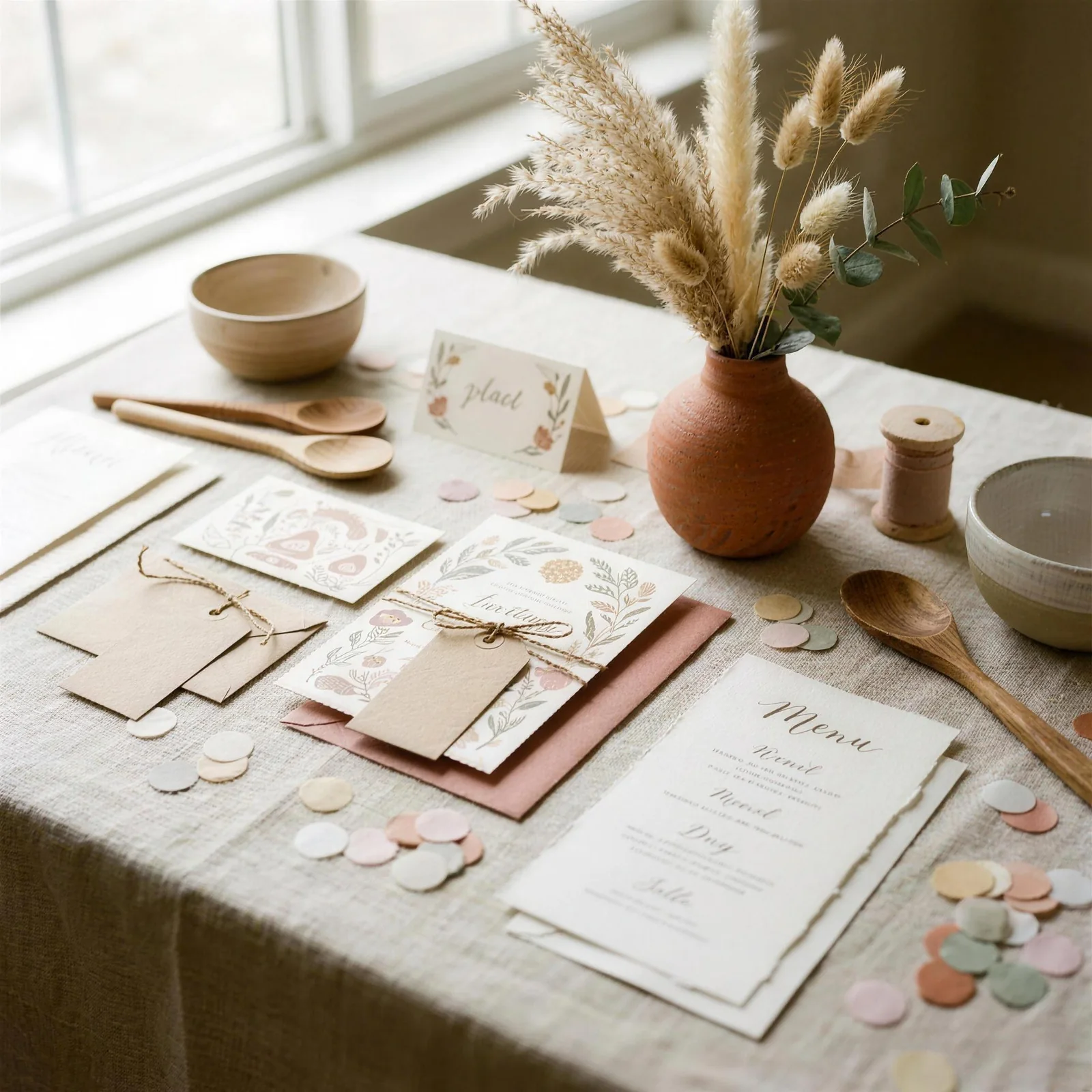 Papelaria personalizada da festa: convites, menu e confetes em tons pastel
