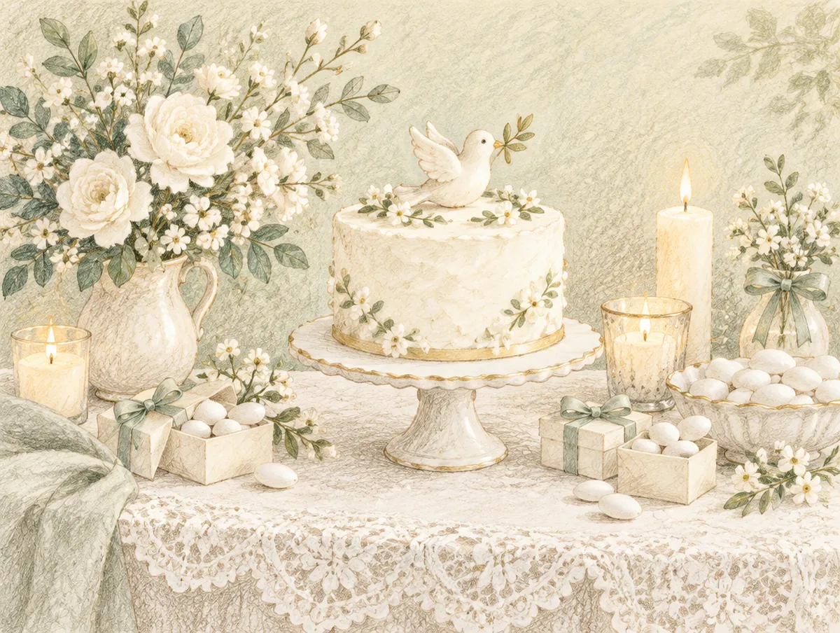 Ilustração de uma mesa de batizado: bolo branco com pombinha, flores brancas e toalha de renda