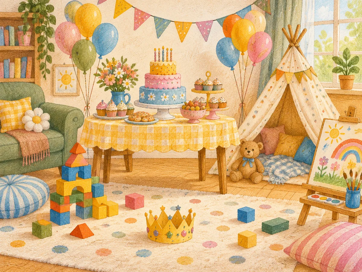Ilustração de uma sala virada festa infantil: mesa de doces, cabaninha, blocos e balões