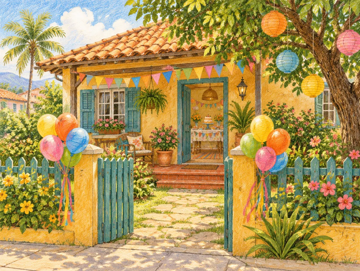 Ilustração de uma casa enfeitada para aniversário, com balões no portão e bandeirinhas na varanda