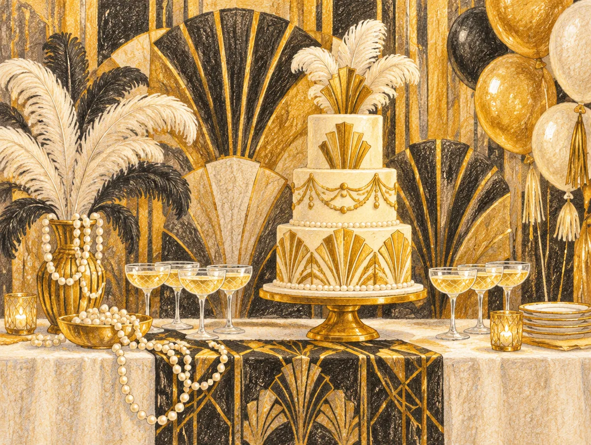 Ilustração de uma festa de 15 anos em dourado: painel de leques, bolo alto e plumas