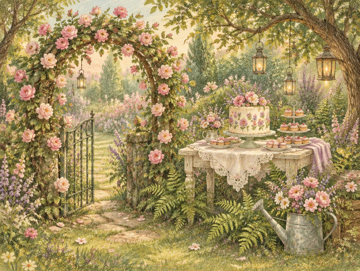 Ilustração de uma festa em jardim: arco de rosas, portãozinho, mesa de doces e lanternas