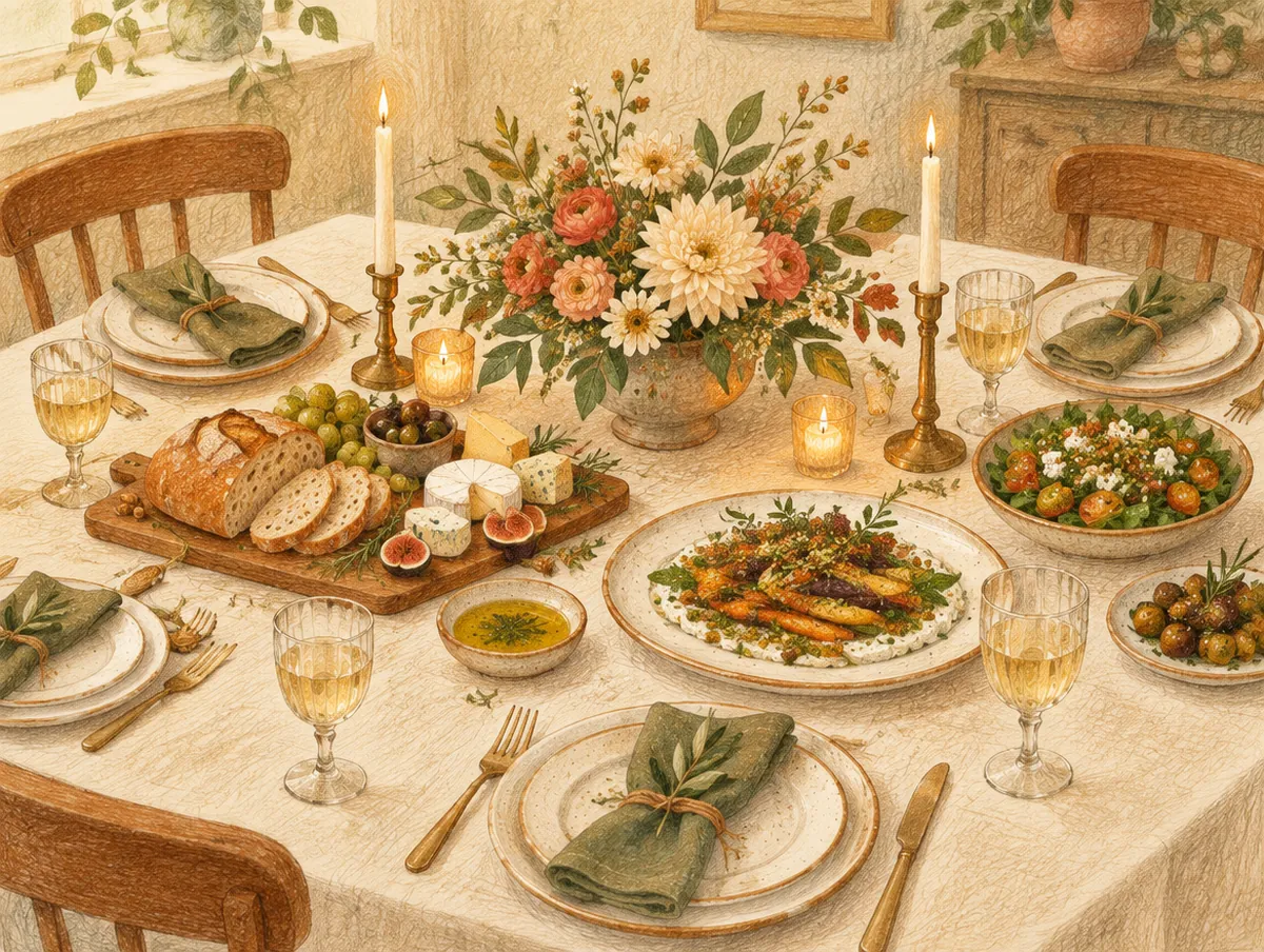 Ilustração de uma mesa posta para poucos convidados: louça, flores baixas, velas e tábua de pães