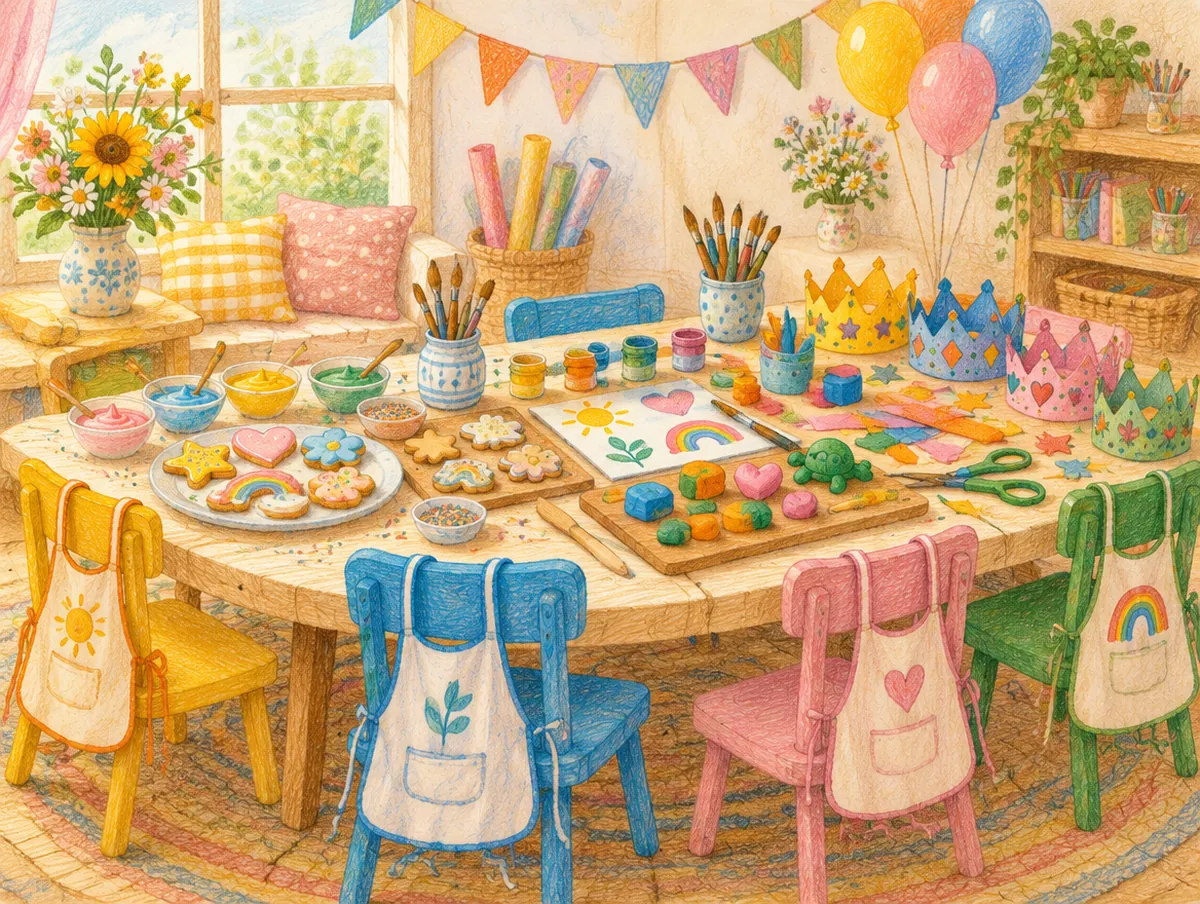 Ilustração de uma mesa de oficina para crianças: aventais, tintas, biscoitos para decorar e coroas