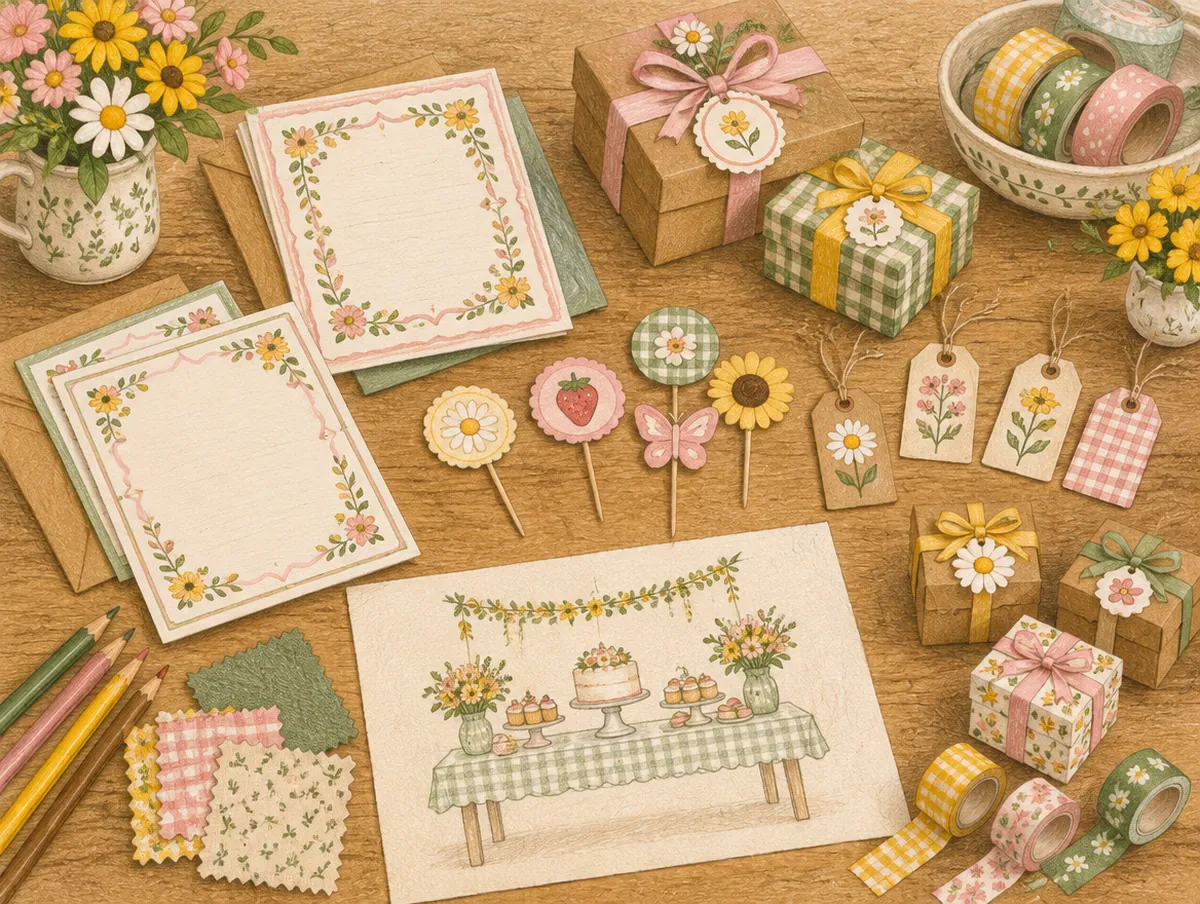 Ilustração de uma mesa com papelaria de festa: convites, tags, toppers, caixinhas e lápis de cor
