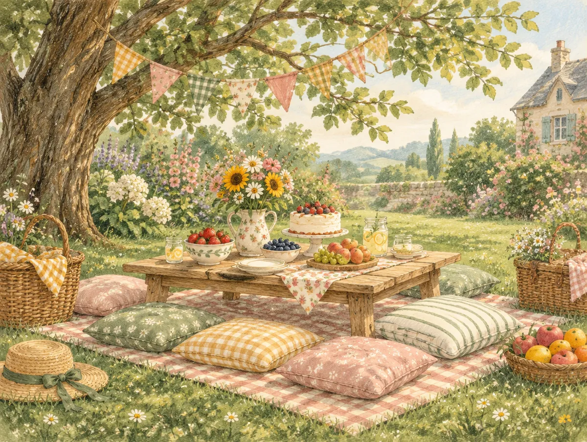 Ilustração de um piquenique de festa no jardim: mesa baixa, almofadas, cestas e bandeirinhas