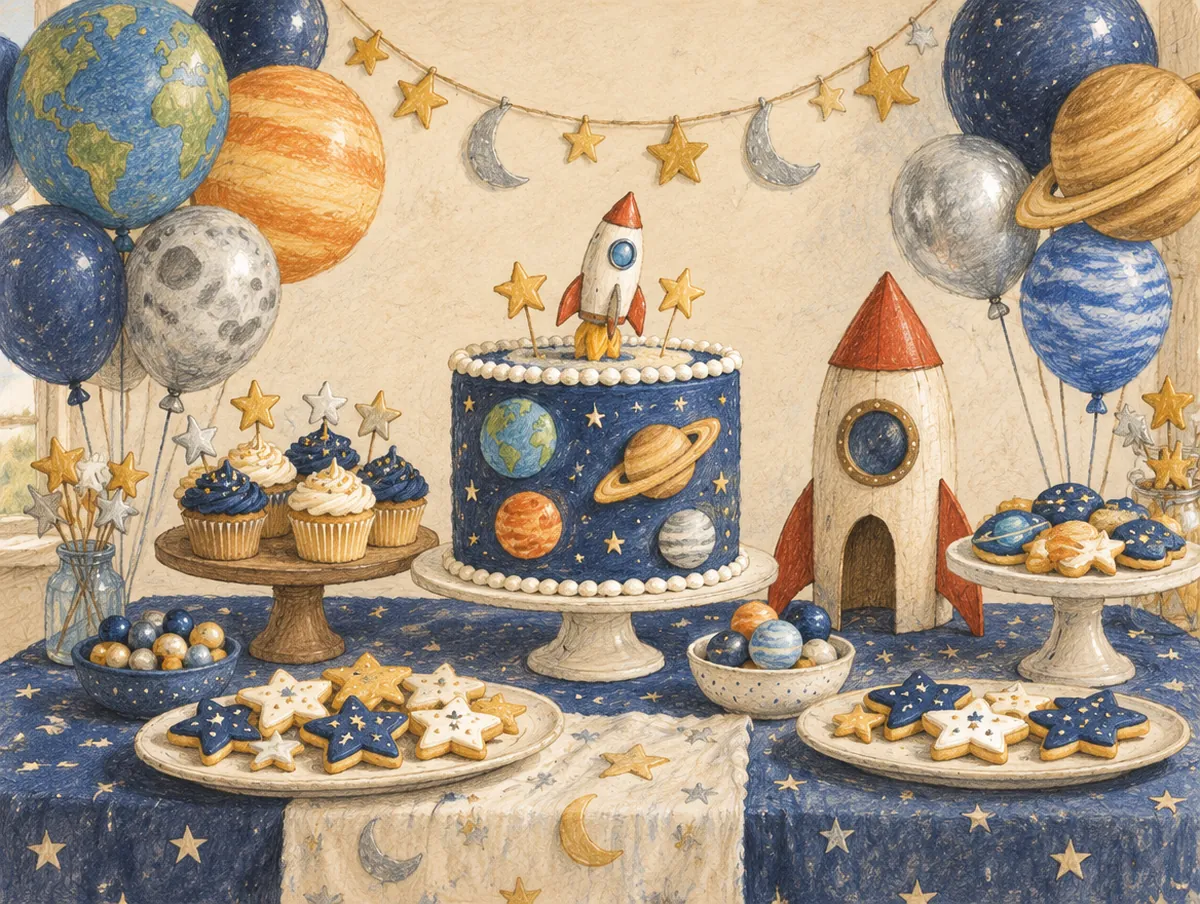 Ilustração de uma mesa de festa com tema astronauta: bolo de planetas, foguete e balões de estrelas
