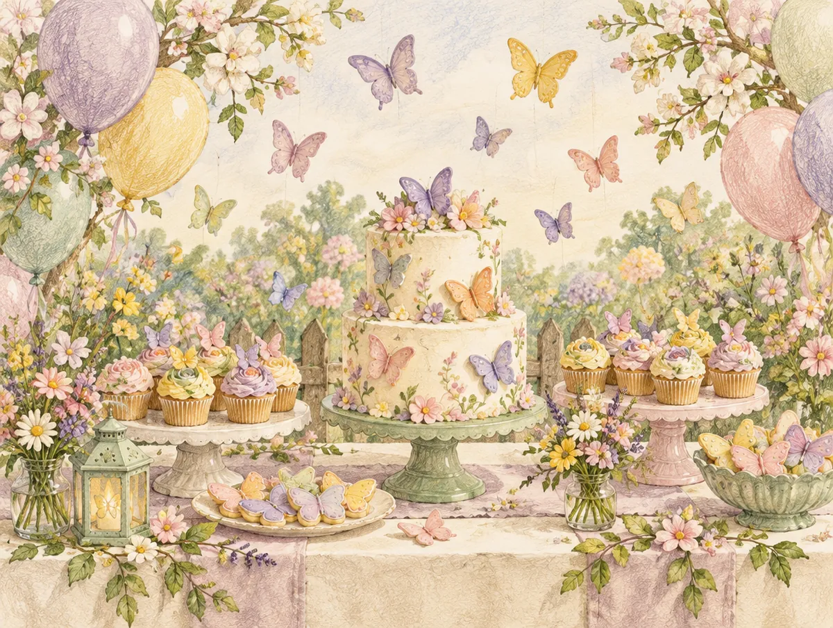 Ilustração de uma mesa de festa com tema borboleta: bolo de dois andares, flores e borboletas de papel