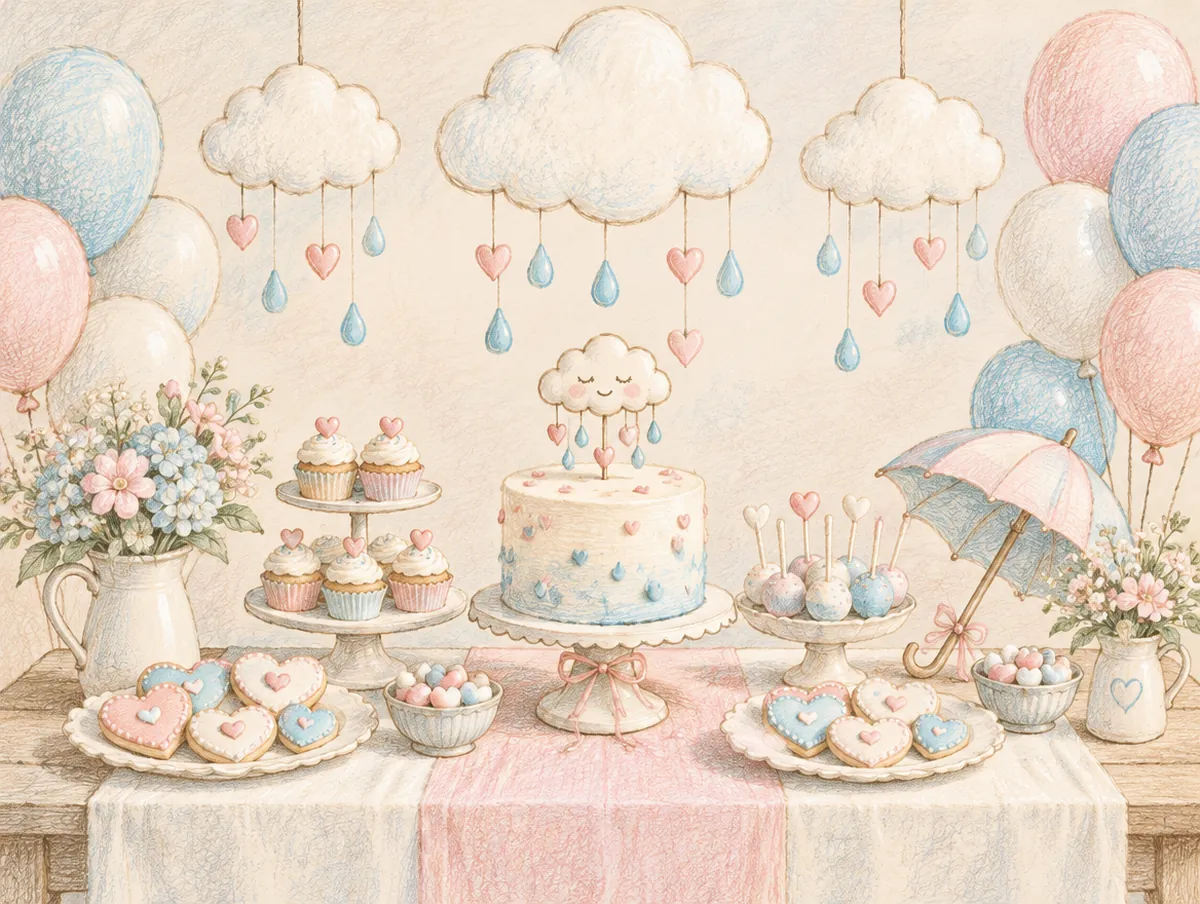 Ilustração de uma mesa de chá de bebê com tema chuva de amor: nuvens, gotas e corações