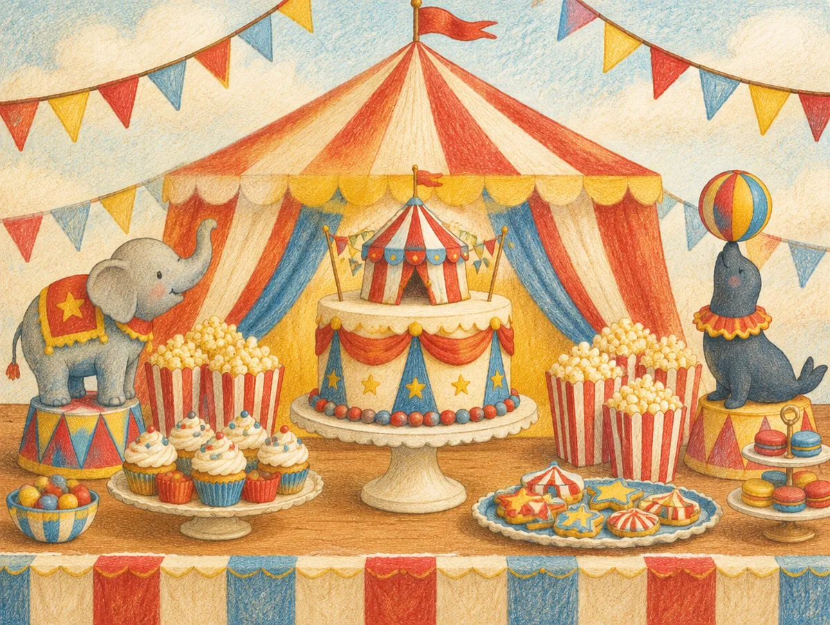 Ilustração de uma mesa de festa com tema circo: tenda listrada, pipoca, elefante e foca de brinquedo