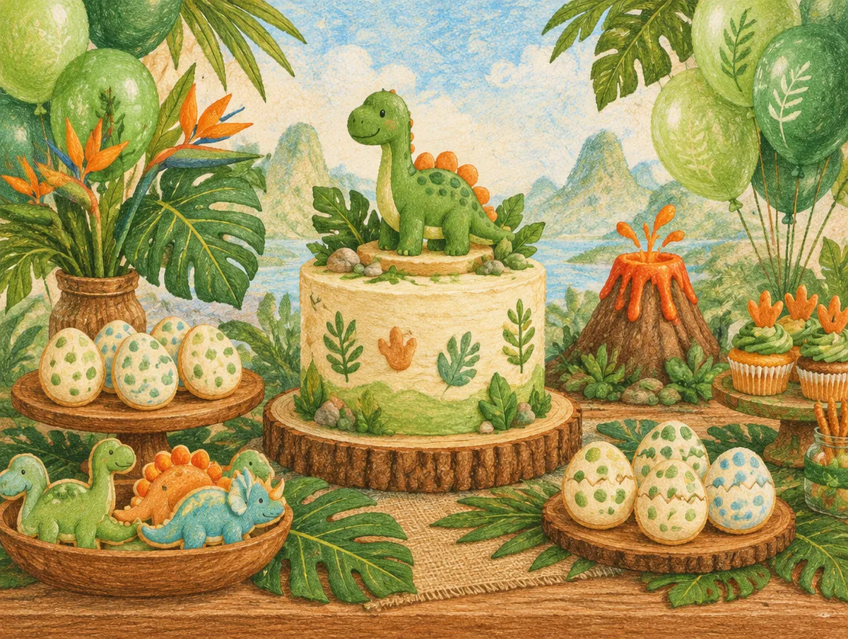 Ilustração de uma mesa de festa com tema dinossauro: bolo com dinossauro, ovos, folhagens e vulcão