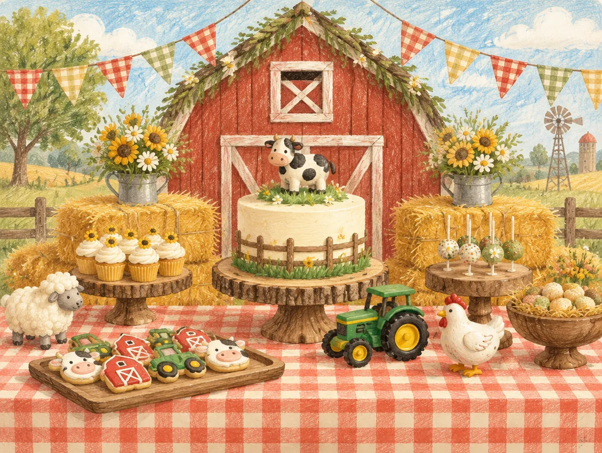 Ilustração de uma mesa de festa com tema fazendinha: celeiro vermelho, vaquinha, fardos de feno e trator