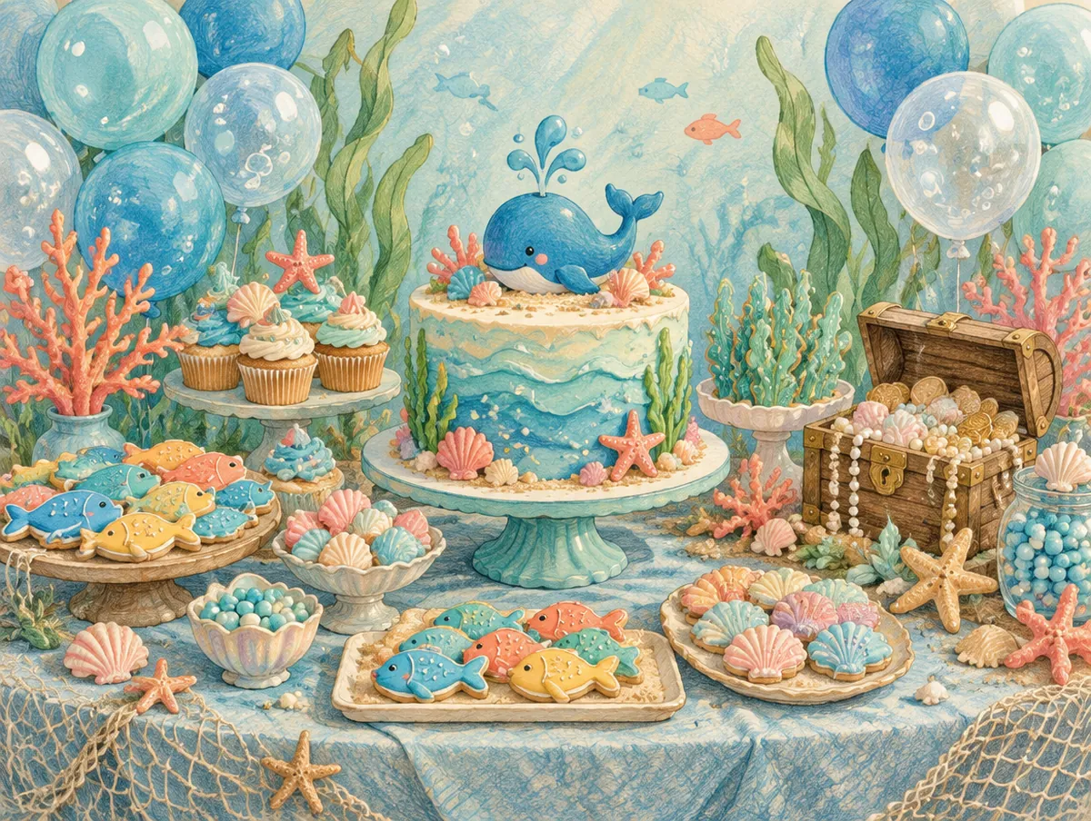 Ilustração de uma mesa de festa com tema fundo do mar: bolo de baleia, conchas, corais e baú