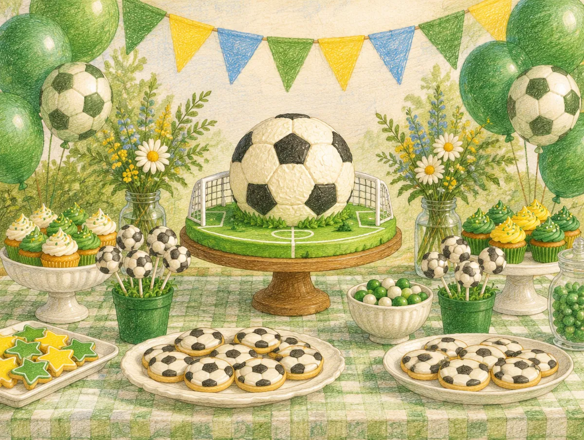Ilustração de uma mesa de festa com tema futebol: bolo de bola, gramado, bandeirinhas e balões verdes