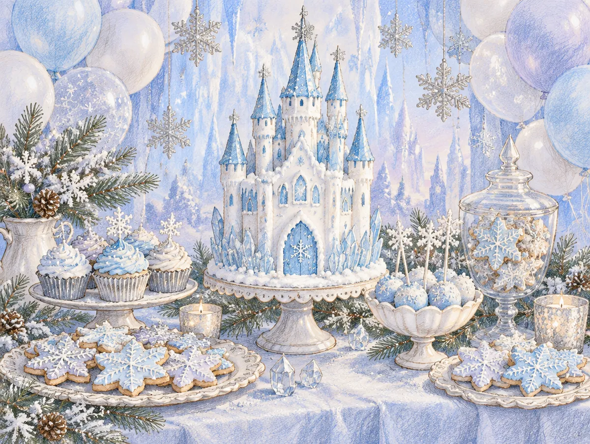 Ilustração de uma mesa de festa com tema reino do gelo: castelo de gelo, flocos de neve e balões prata