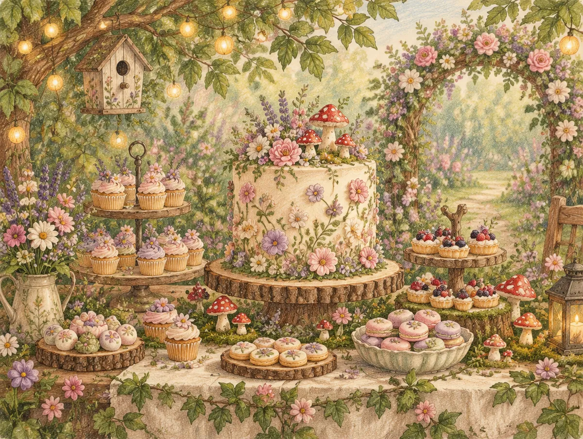 Ilustração de uma mesa de festa com tema jardim encantado: bolo florido, cogumelos e luzinhas