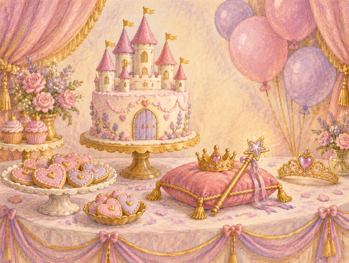 Ilustração de uma mesa de festa com tema princesa: bolo de castelo, coroa, varinha e balões rosa