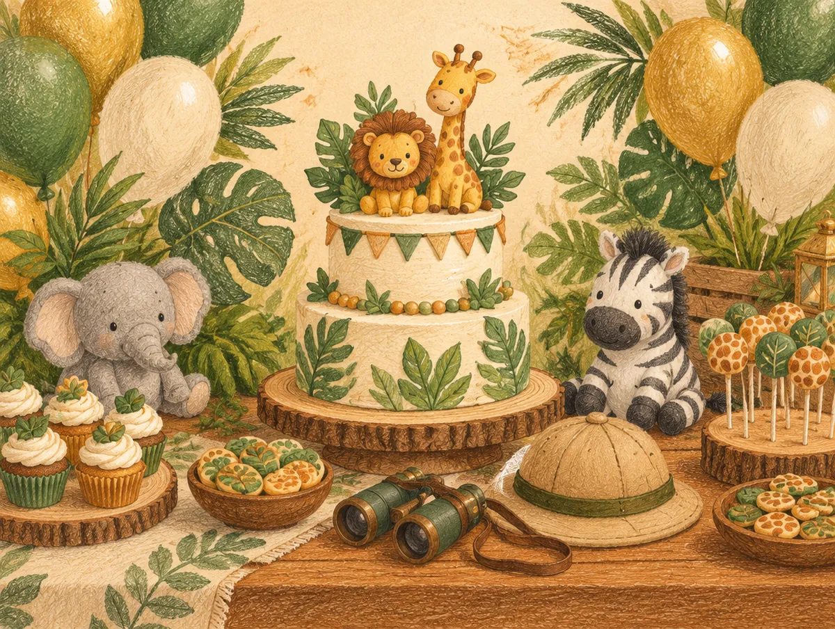 Ilustração de uma mesa de festa com tema safári: bolo com leão e girafa, folhagens, zebra e chapéu de explorador