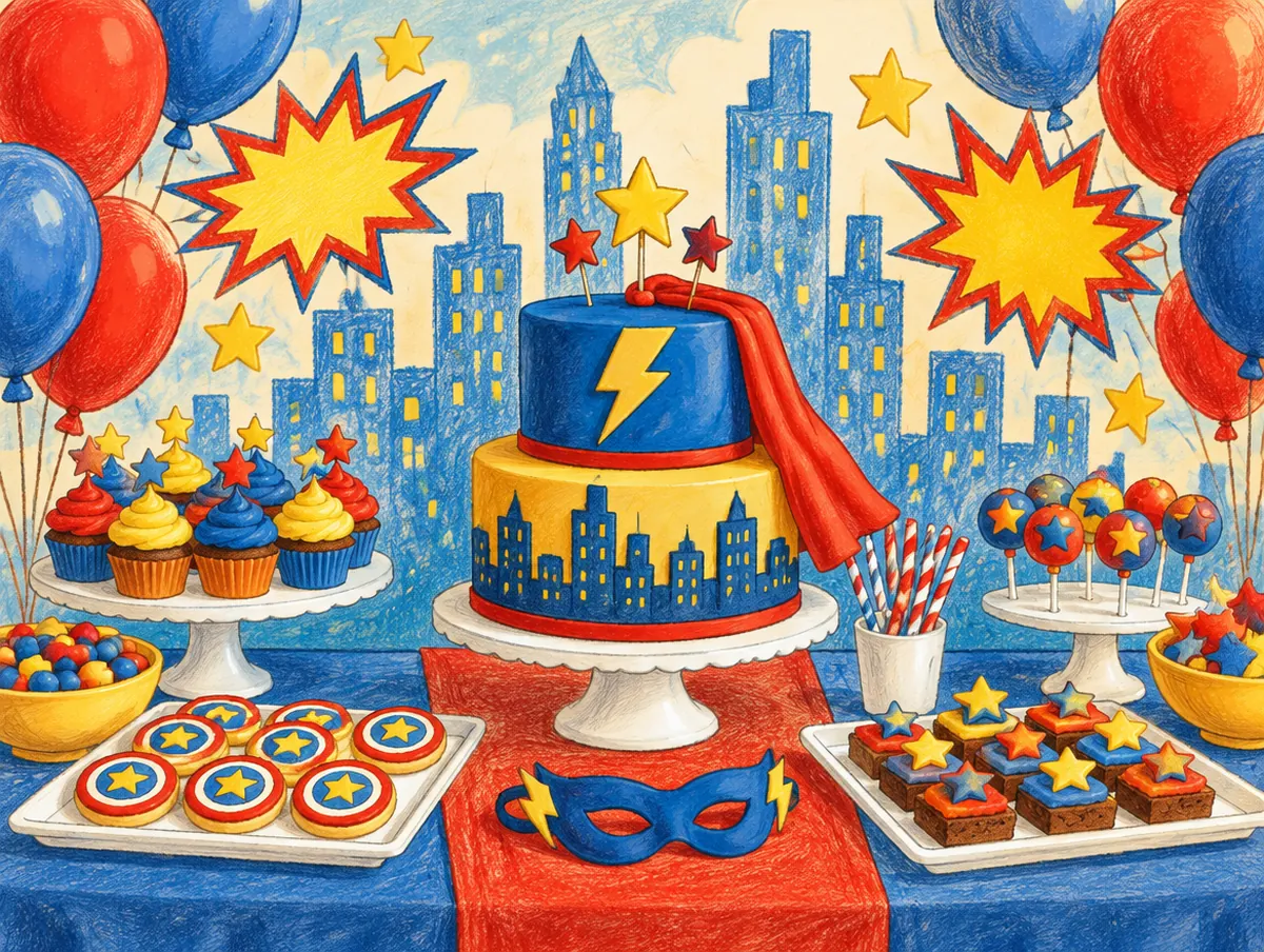 Ilustração de uma mesa de festa com tema heróis: bolo com capa e raio, cidade ao fundo e balões