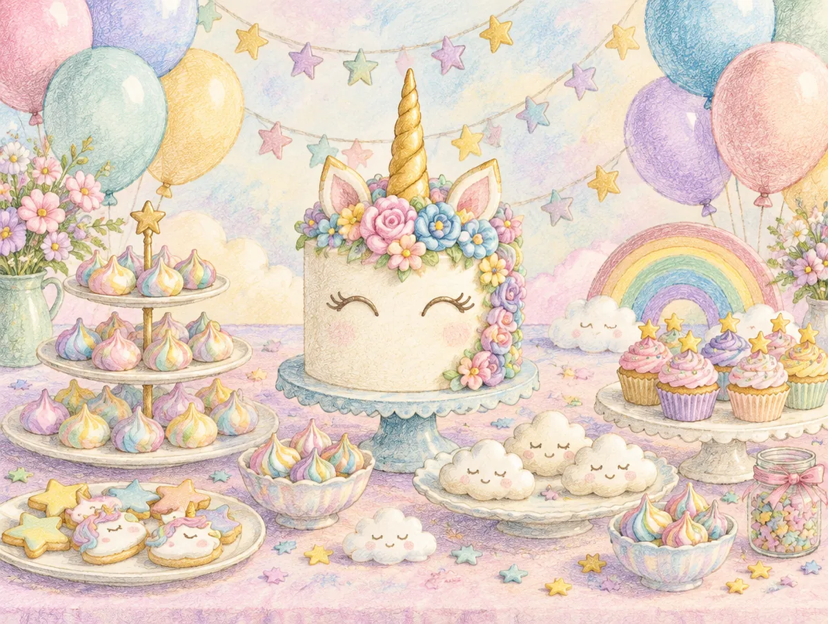 Ilustração de uma mesa de festa com tema unicórnio: bolo com chifre dourado, suspiros e arco-íris