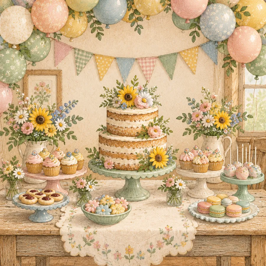 Ilustração de uma mesa de doces com bolo, flores, balões e bandeirinhas
