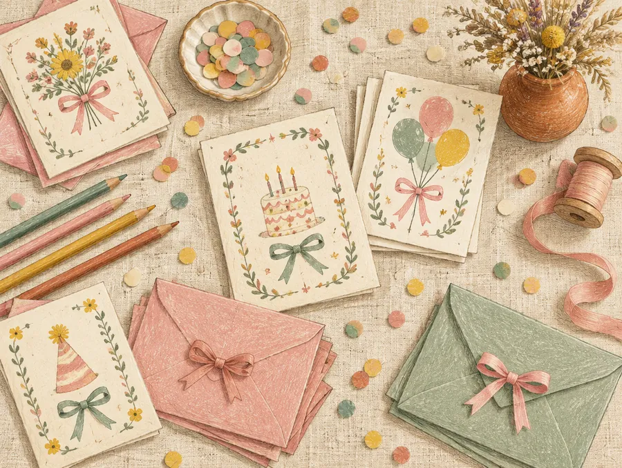 Ilustração de convites, envelopes e lápis de cor sobre a mesa